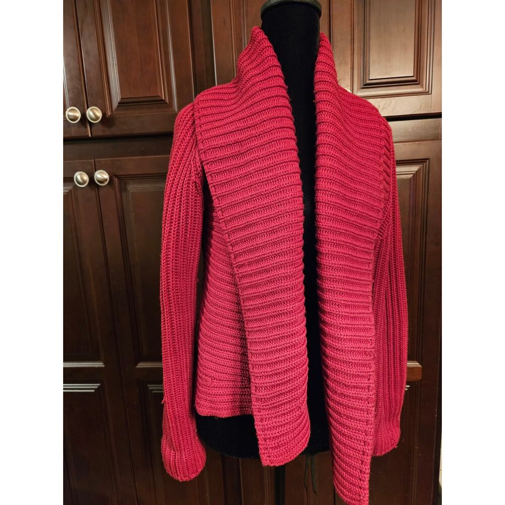 Eileen Fisher Raspberry Red Open-Front Ribbed Knit Cardigan
